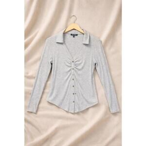 Steve Madden Ribbed Long Sleeve Womens Sz L Slouchy Button Up Collared V Neck